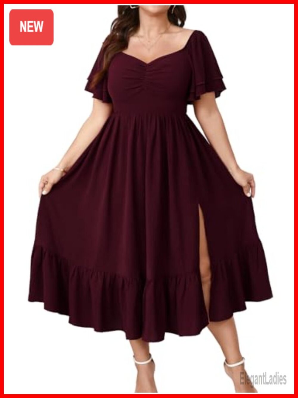 Plus Size Ruffle Sleeve Sweetheart Neck Maxi Dress with Side Slit